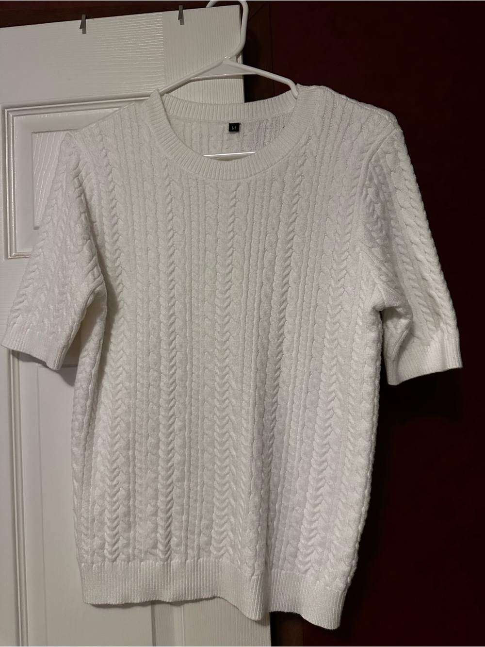 Inspire Chic White Cable-Knit Short Sleeve Crewneck Sweater